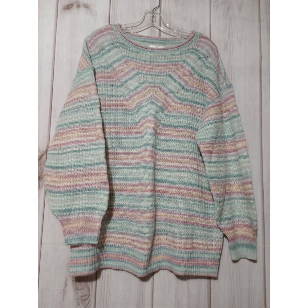 Lauren Conrad Pastel Striped Cable Knit Crewneck Sweater Multicolor Womens L